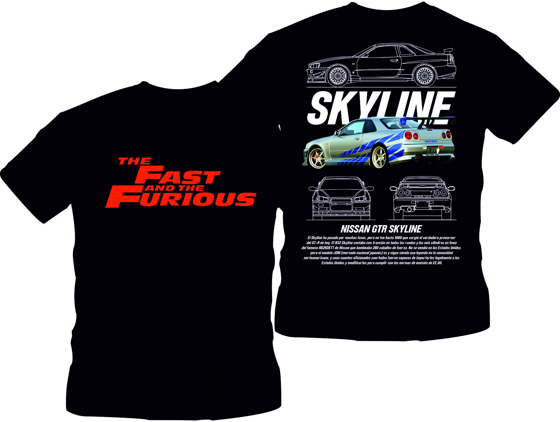 Koszulka z nadrukiem Skyline GTR - motoryzacyjny T-shirt JDM, czarna